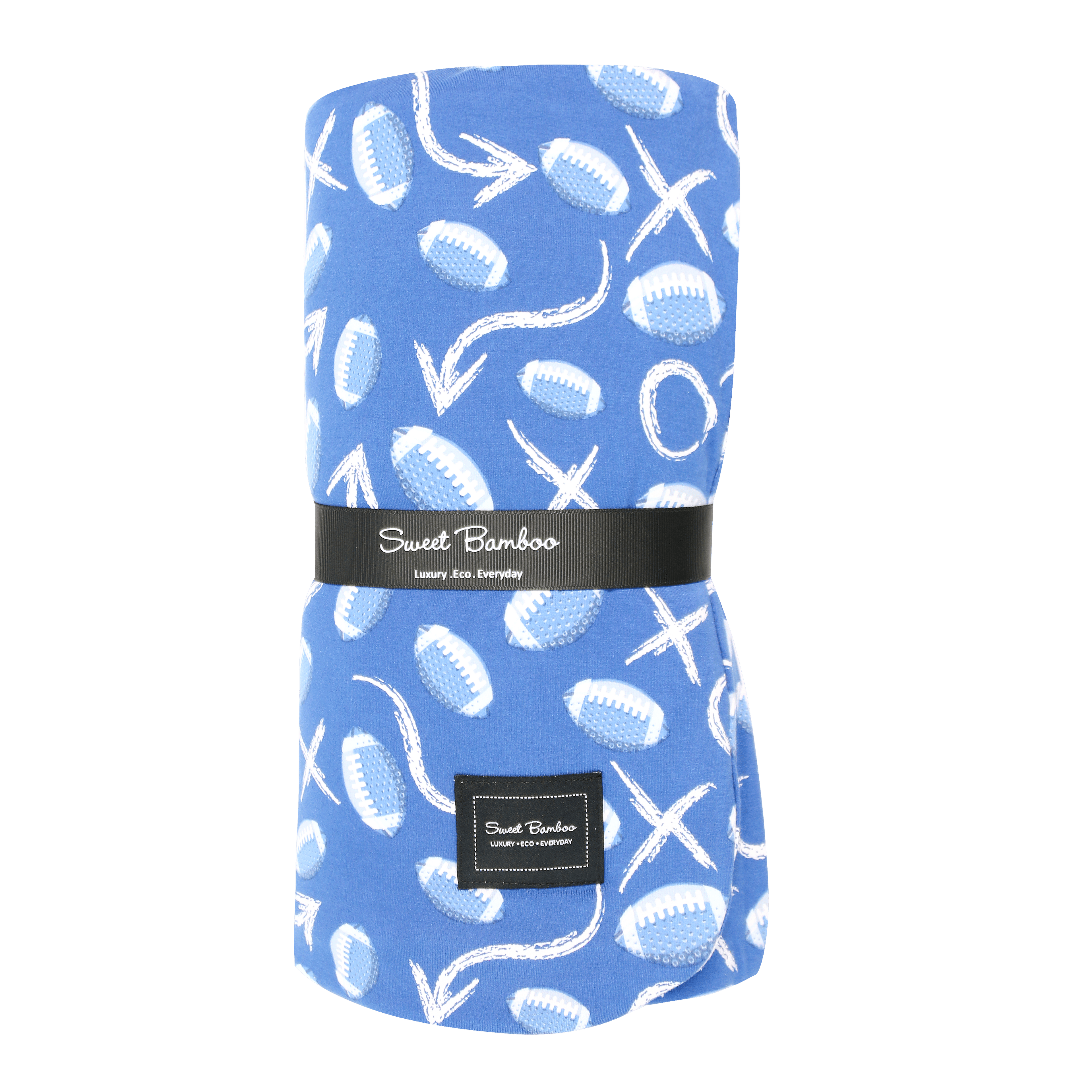 Blue patterned blanket roll with white football icons and fabric label