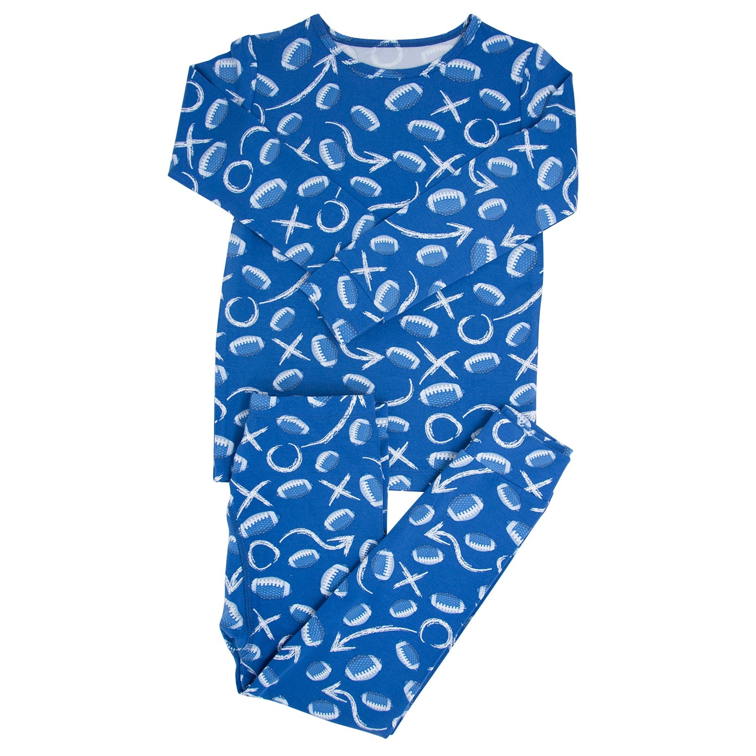 Blue kids pajama set with long-sleeve crew top and matching pants, white icon print