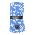 Allen Work cloud blanket, blue with white cloud and icon pattern, rolled bundle