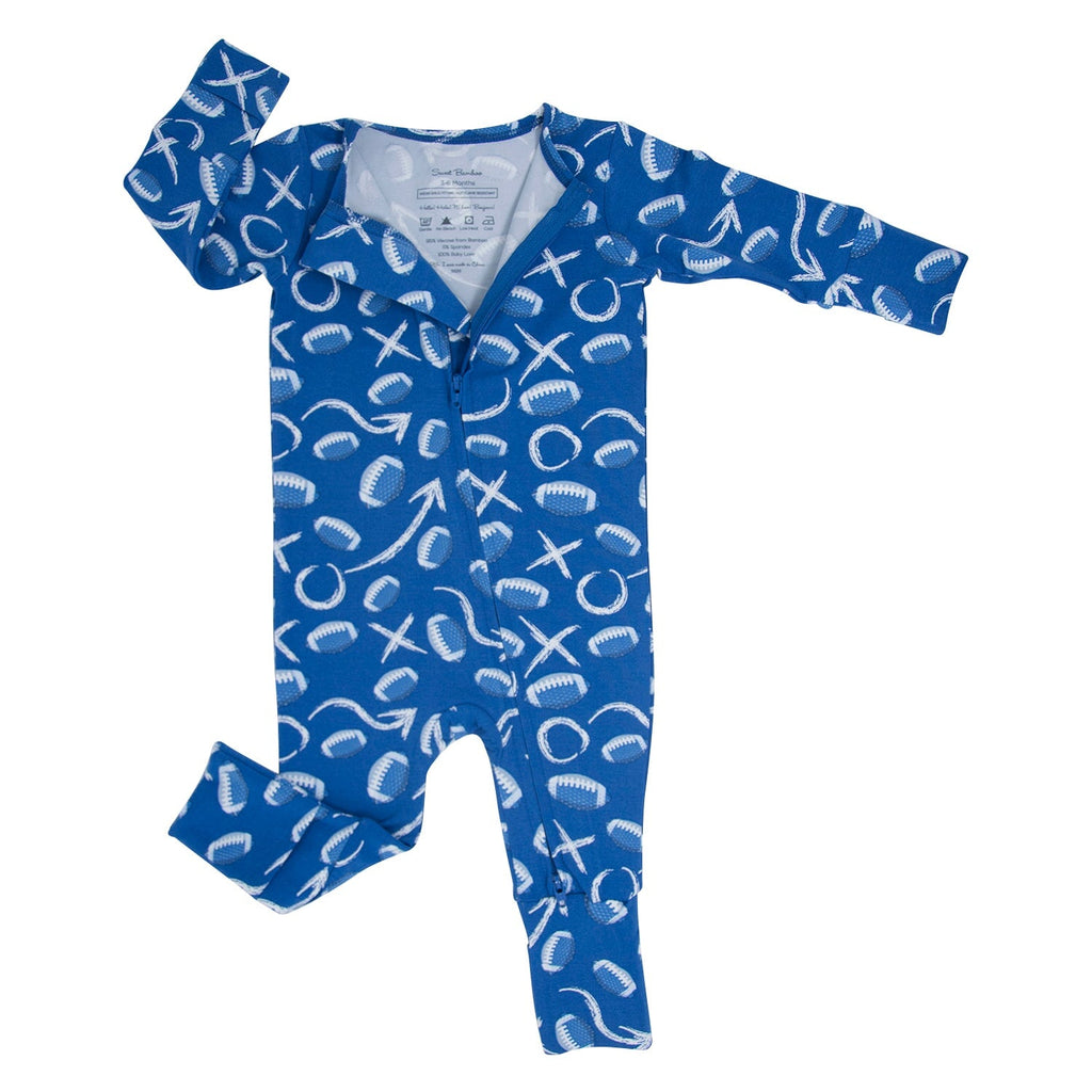 Blue sports-print convertible romper with button front, long sleeves, footed legs