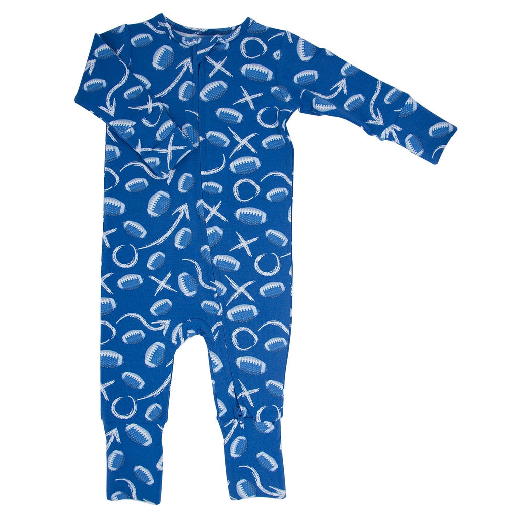 Blue sports-print footed romper for baby with long sleeves and full-length legs