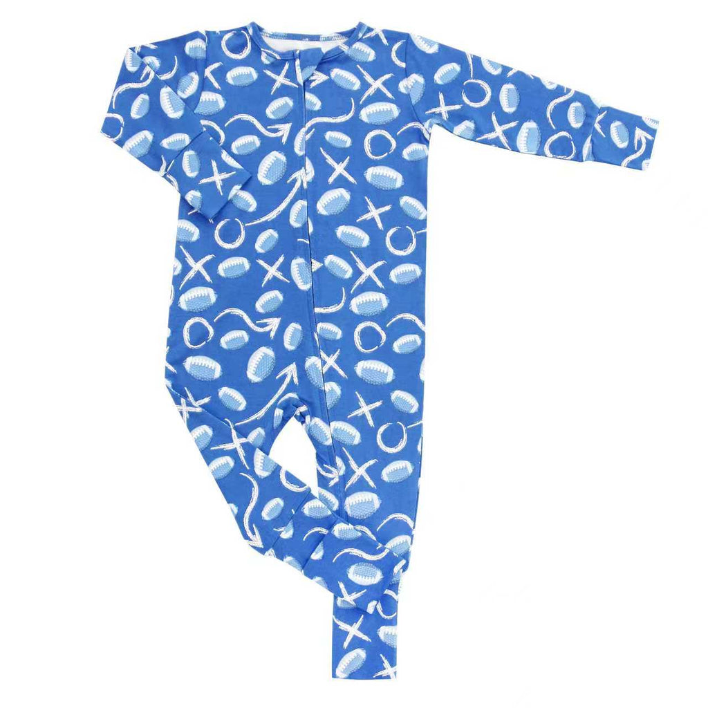 Blue sports-print convertible romper with long sleeves and footed one-piece design