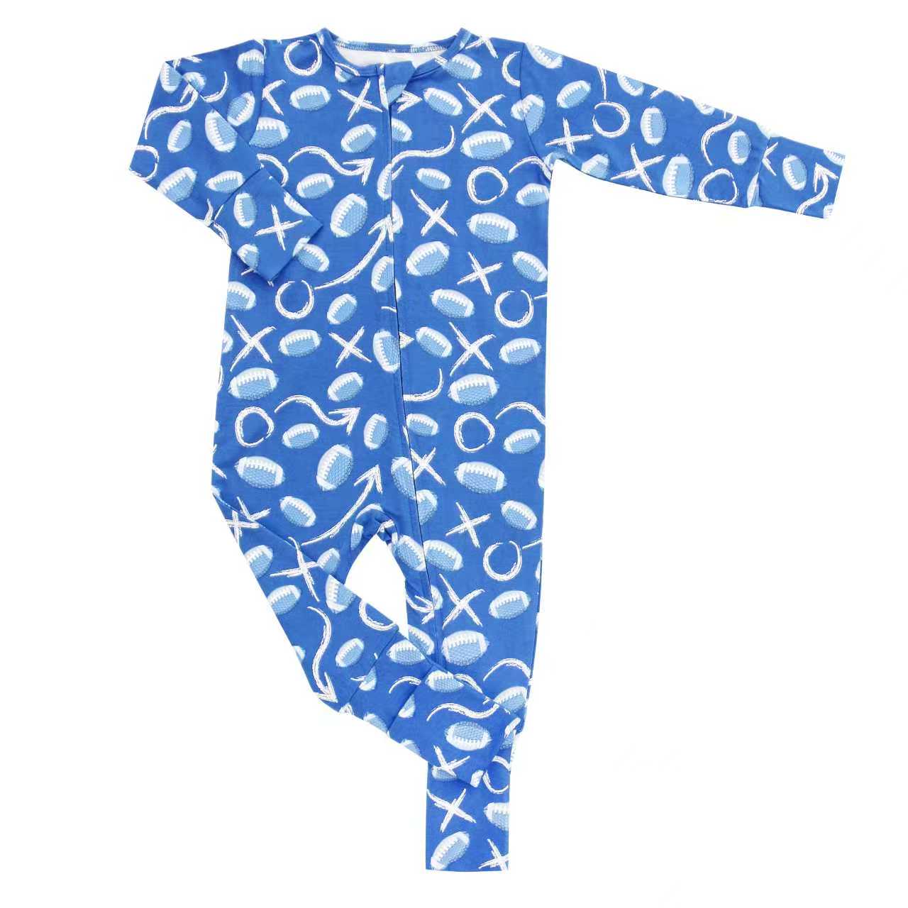 Blue sports-print convertible romper with long sleeves and footed one-piece design