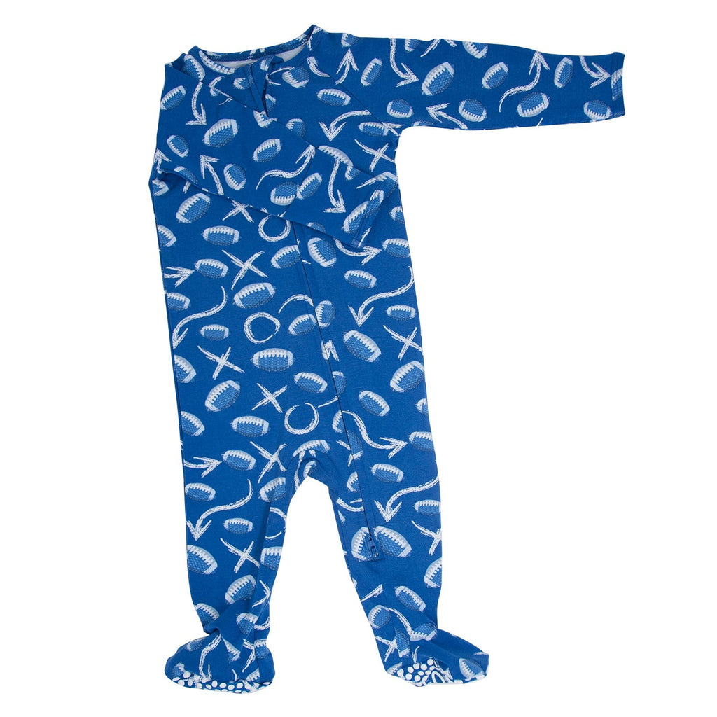 Blue sports-pattern zipper footie sleeper with front zipper and covered feet