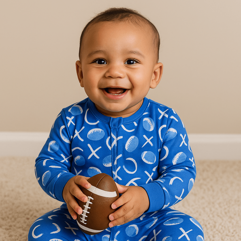 Blue sports-pattern zipper footie sleeper with long sleeves and covered feet