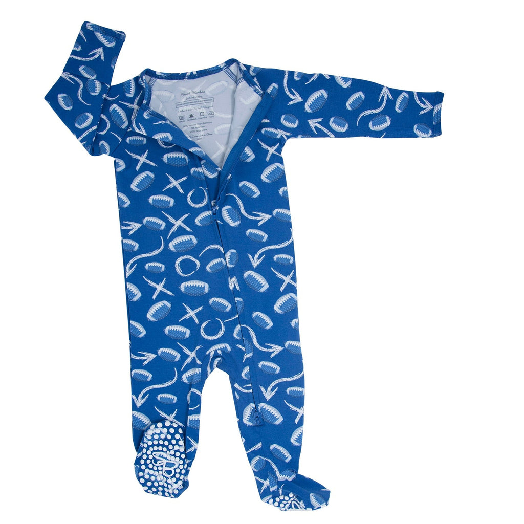 Blue sports-pattern zipper footie romper with front zipper and long sleeves