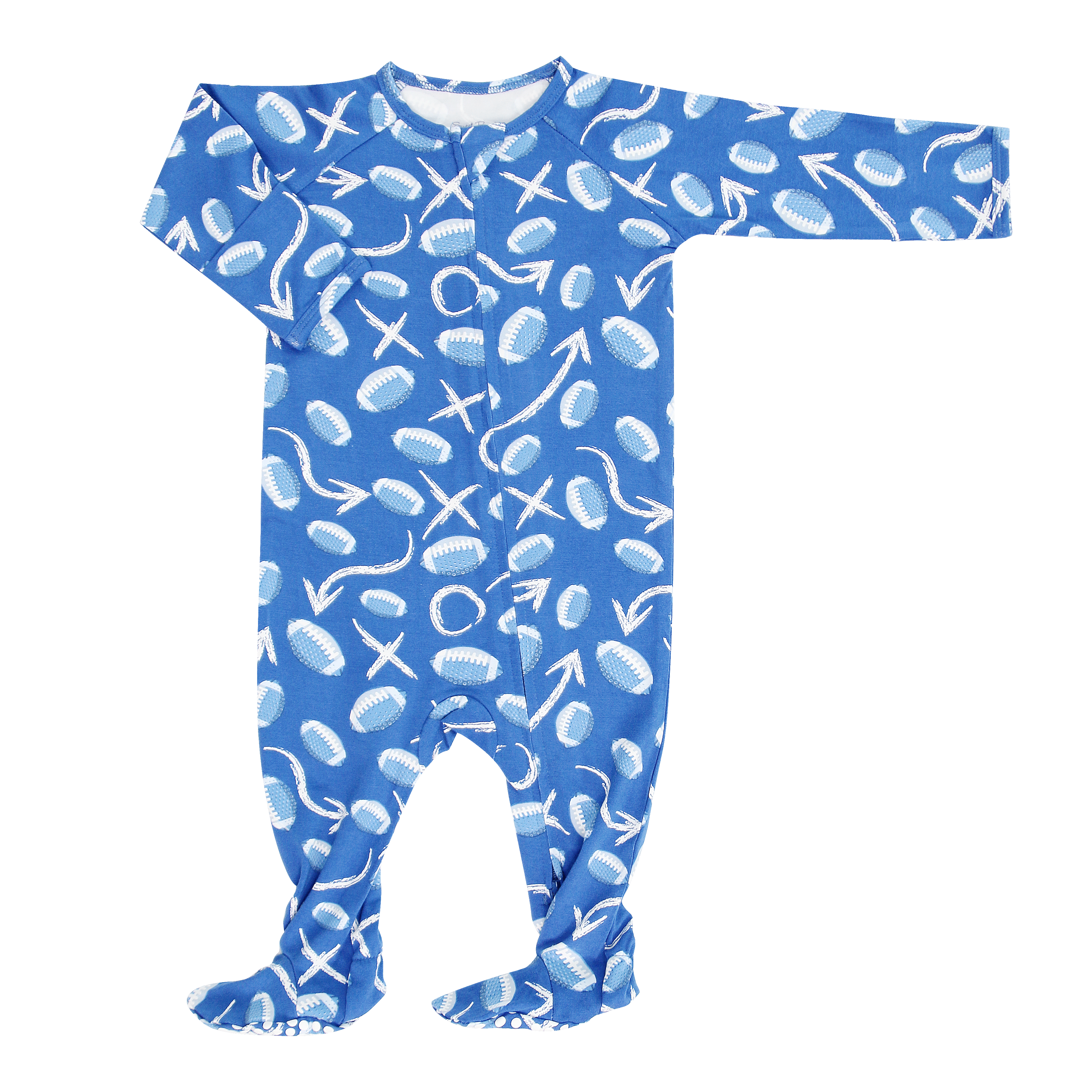Blue sports-pattern long-sleeve zipper footie with full-length legs and covered feet