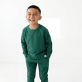 Kids green crew neck sweatshirt and joggers set, long sleeves and cuffed legs