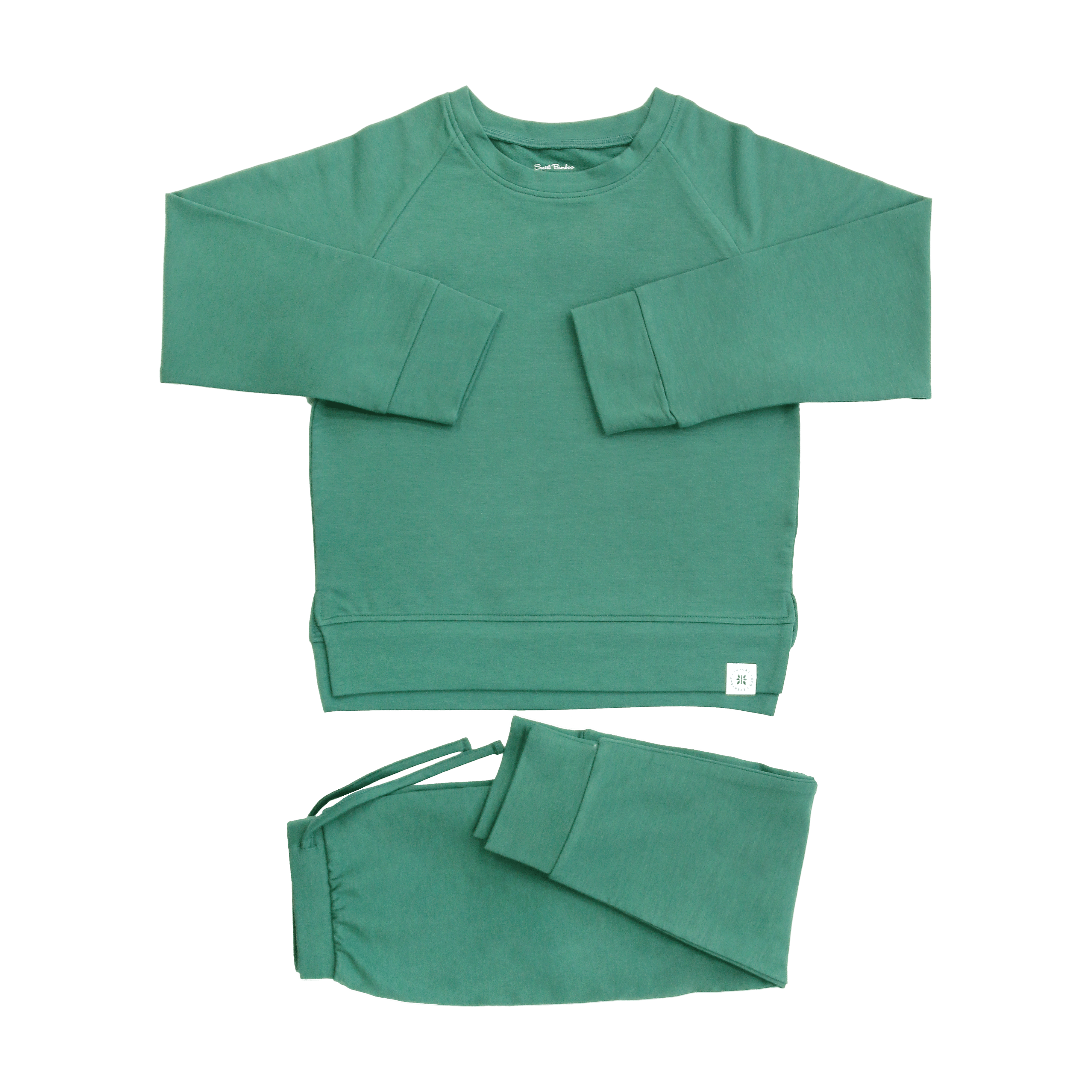 Green crew neck sweatshirt and jogger pants set, flat lay with elastic cuffs