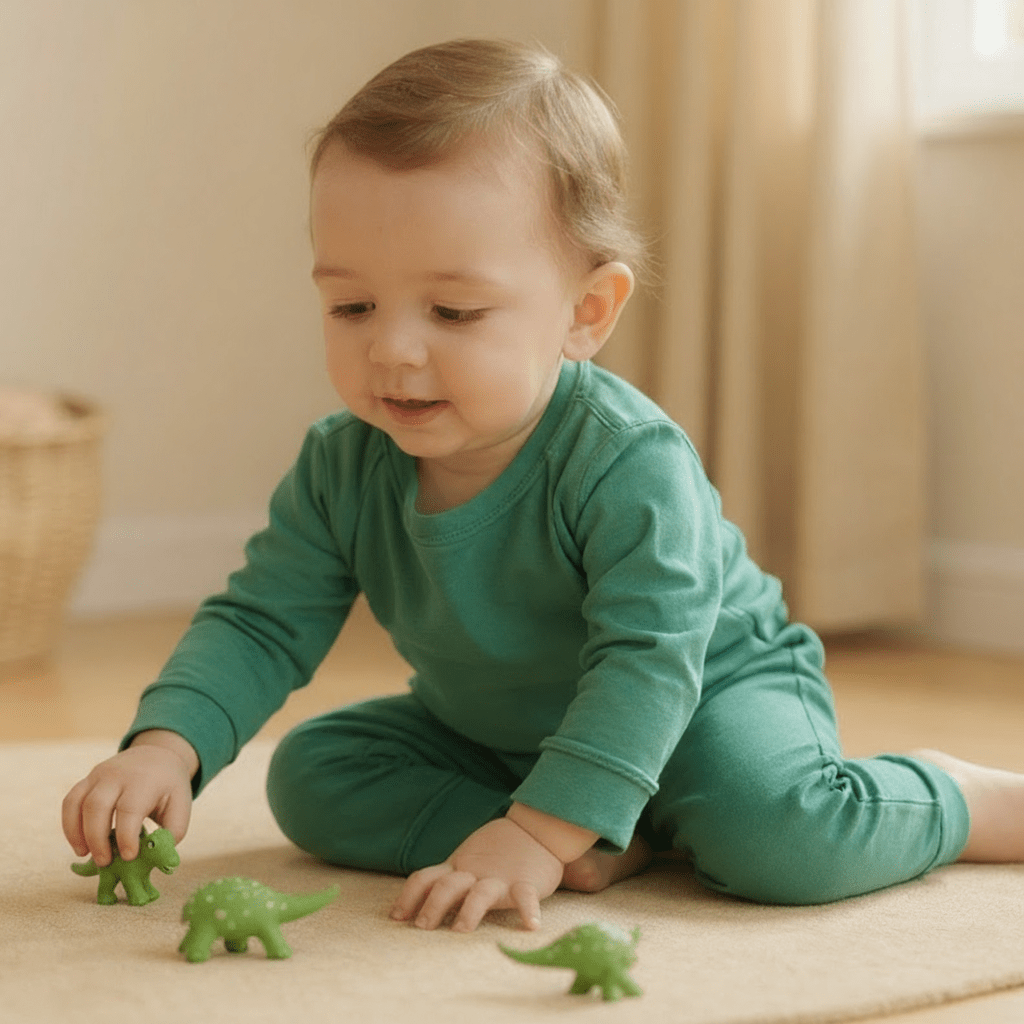 Kids green crew neck sweatshirt and joggers set, toddler seated with elastic cuffs