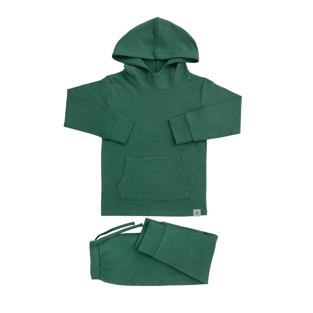 Alpine green hooded jogger set, folded: hoodie and jogger pants set.