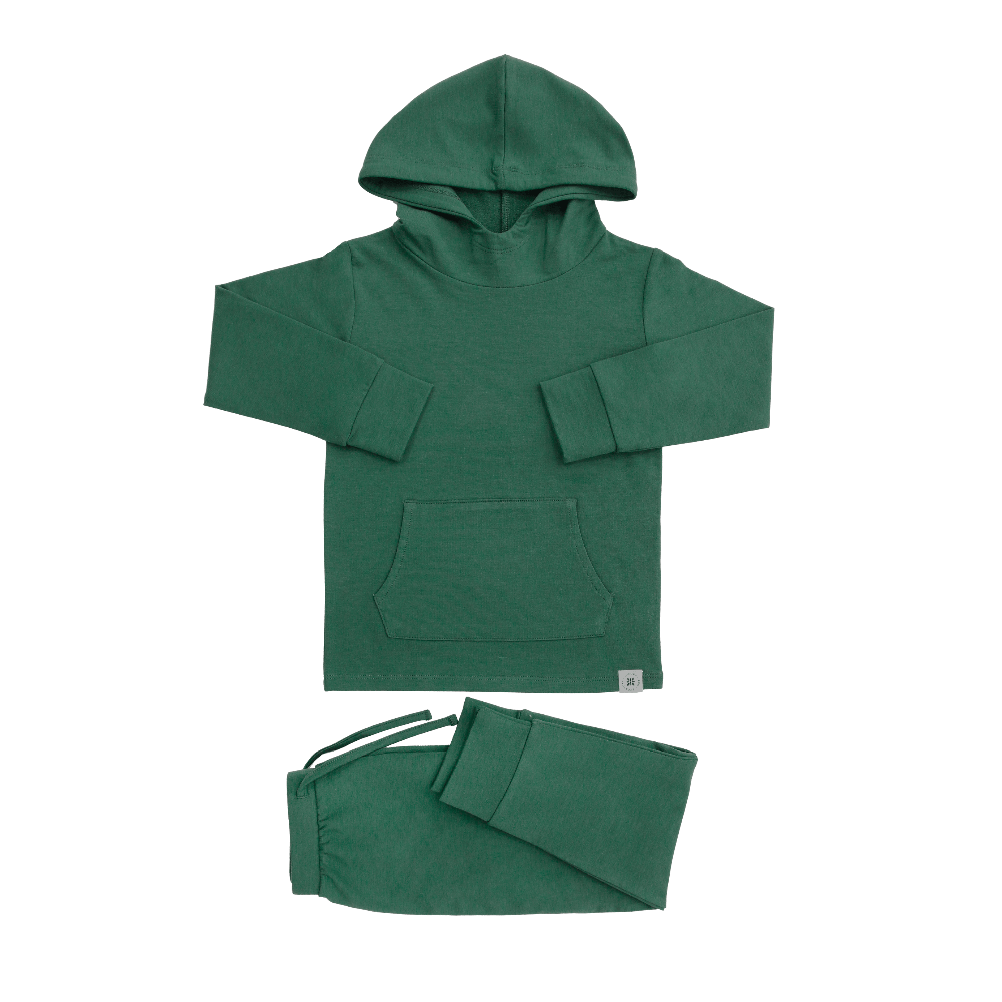 Alpine green hooded jogger set, folded: hoodie and jogger pants set.