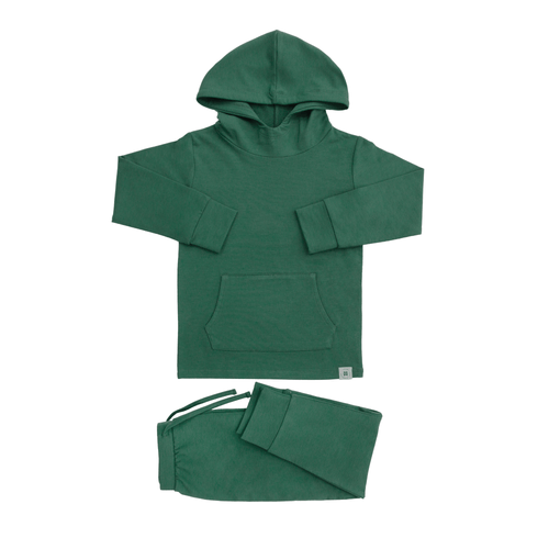 Alpine green hooded jogger set, folded: hoodie and jogger pants set.