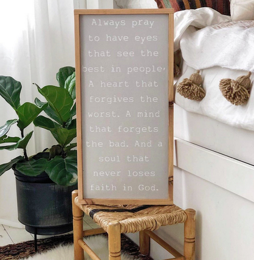 Framed wooden home decor sign with “Always pray” text in light gray