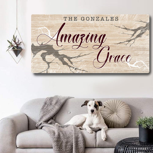 Wood-look canvas wall sign with “Amazing Grace” script, bird silhouettes, “The Gonzales”