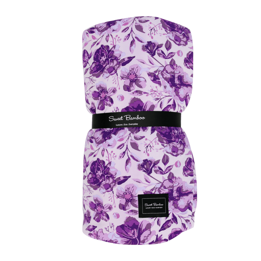 Purple floral cloud blanket with Sweet Bamboo label