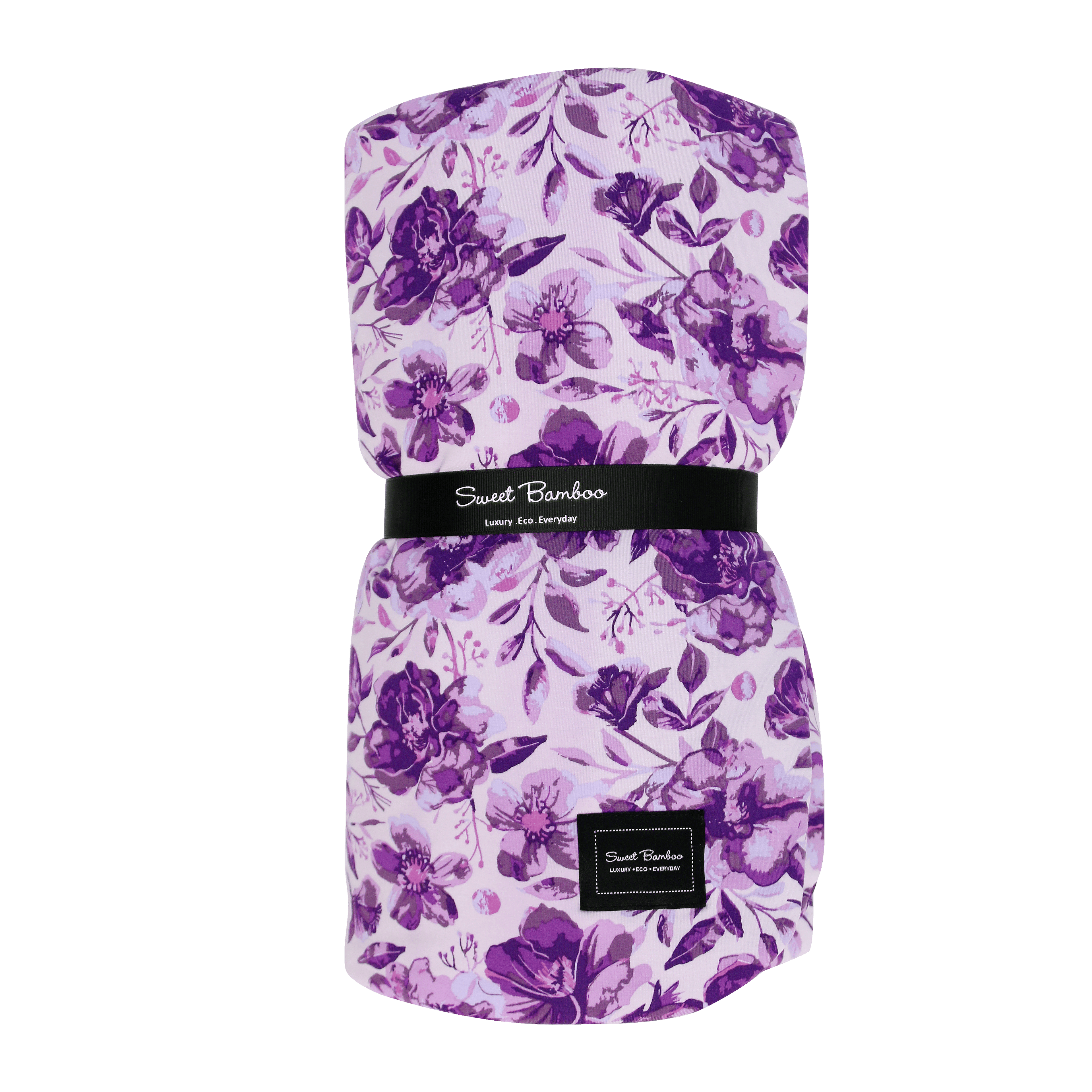 Purple floral cloud blanket with Sweet Bamboo label