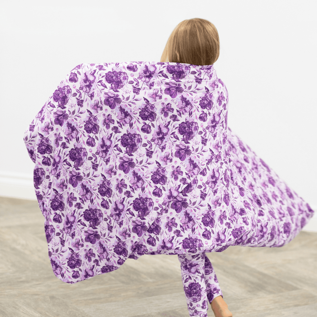 Purple floral cloud blanket with flowing back panel