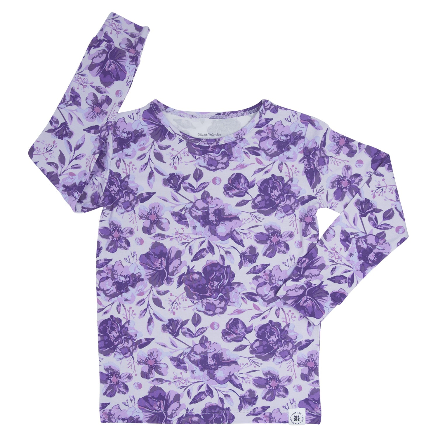 Kids long-sleeve pajama top in purple floral print