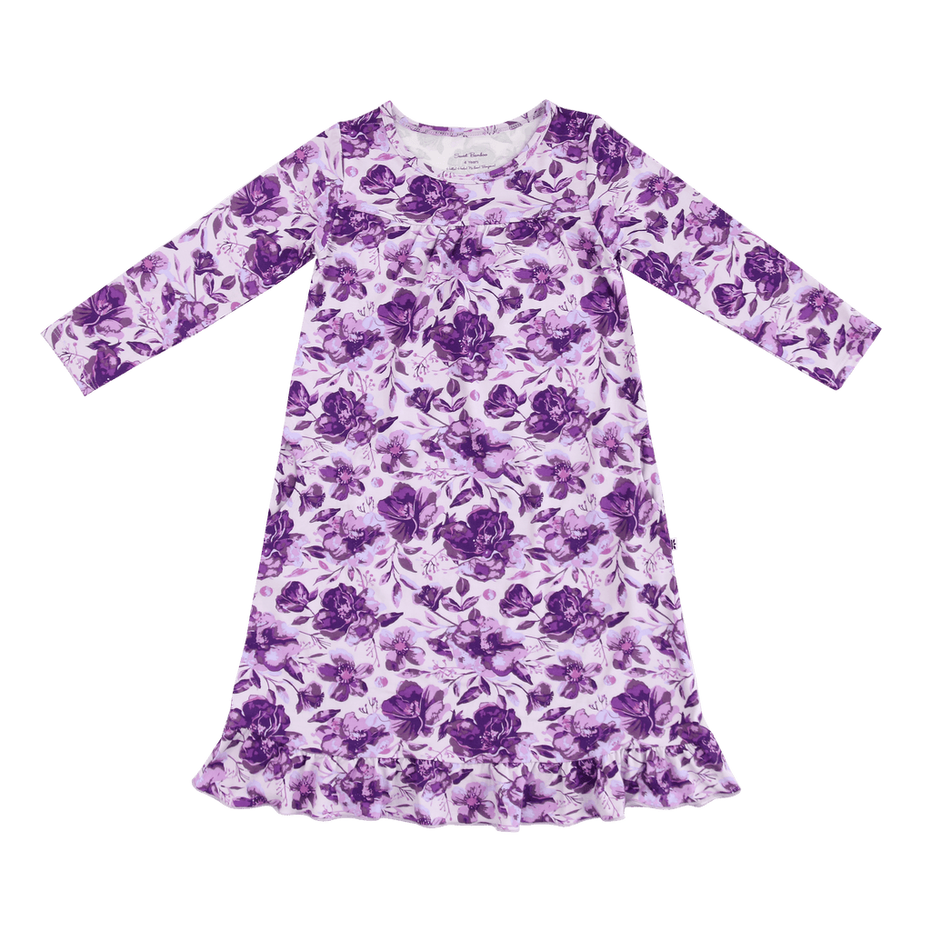 Girls purple floral boho dress, long sleeves, gathered swing hem