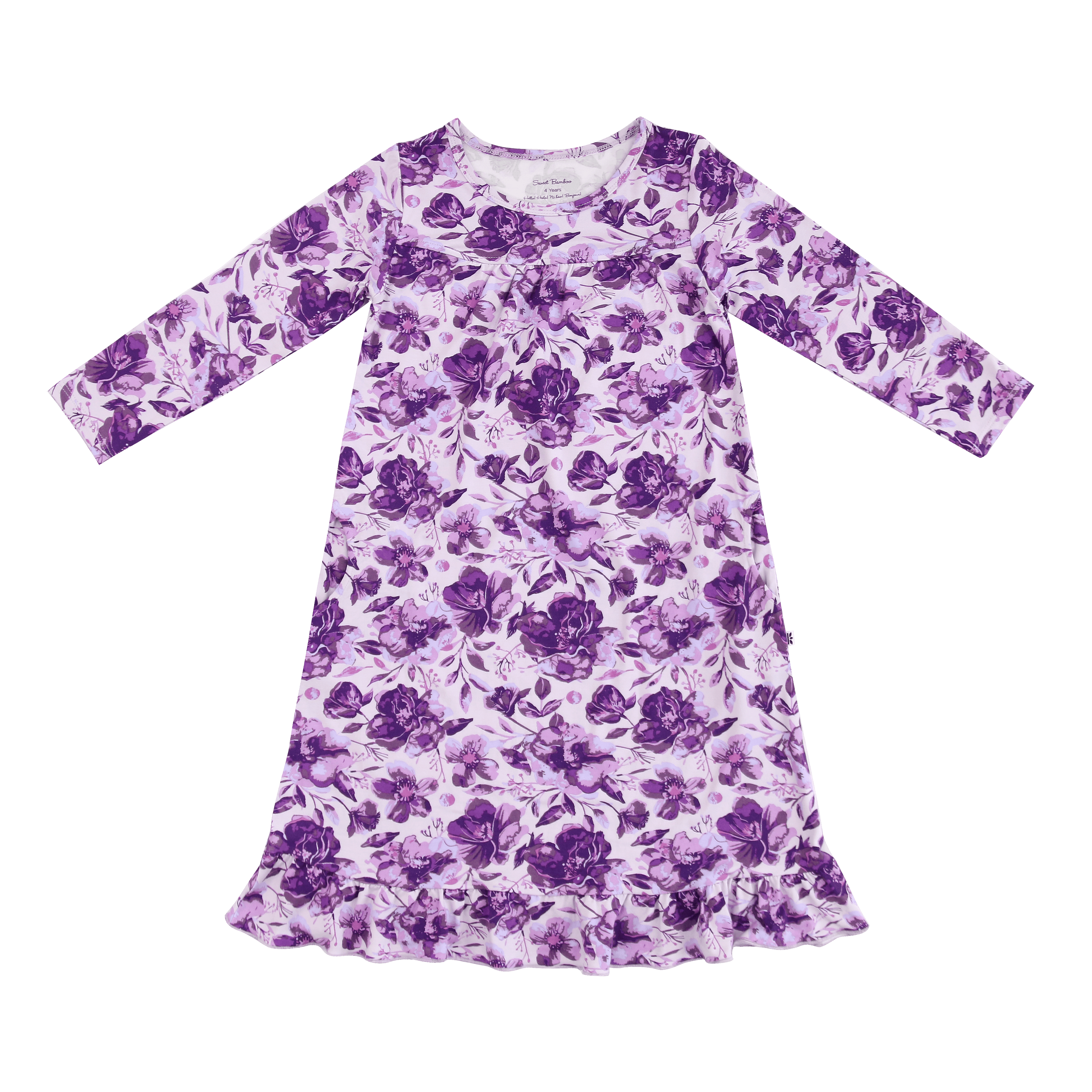 Girls purple floral boho dress, long sleeves, gathered swing hem