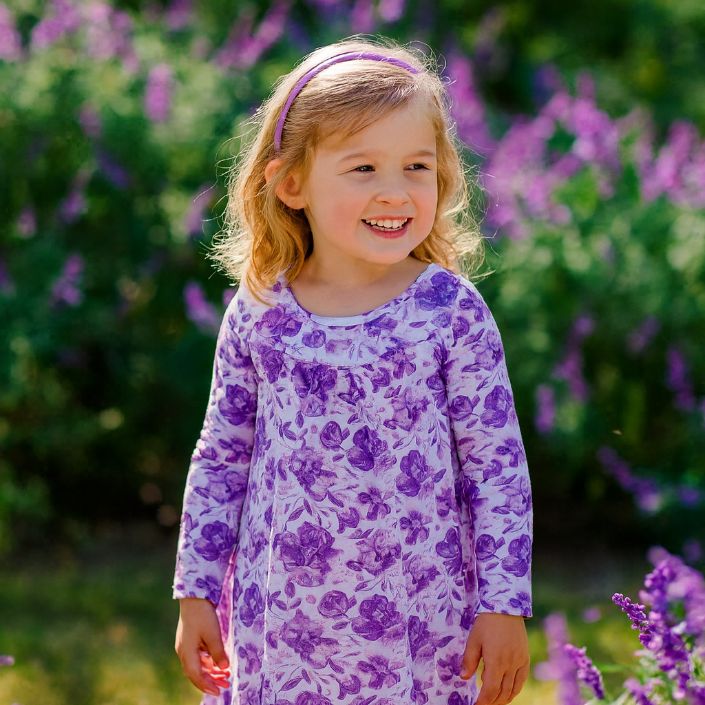 Girls boho dress in purple floral print, long sleeves, round neckline