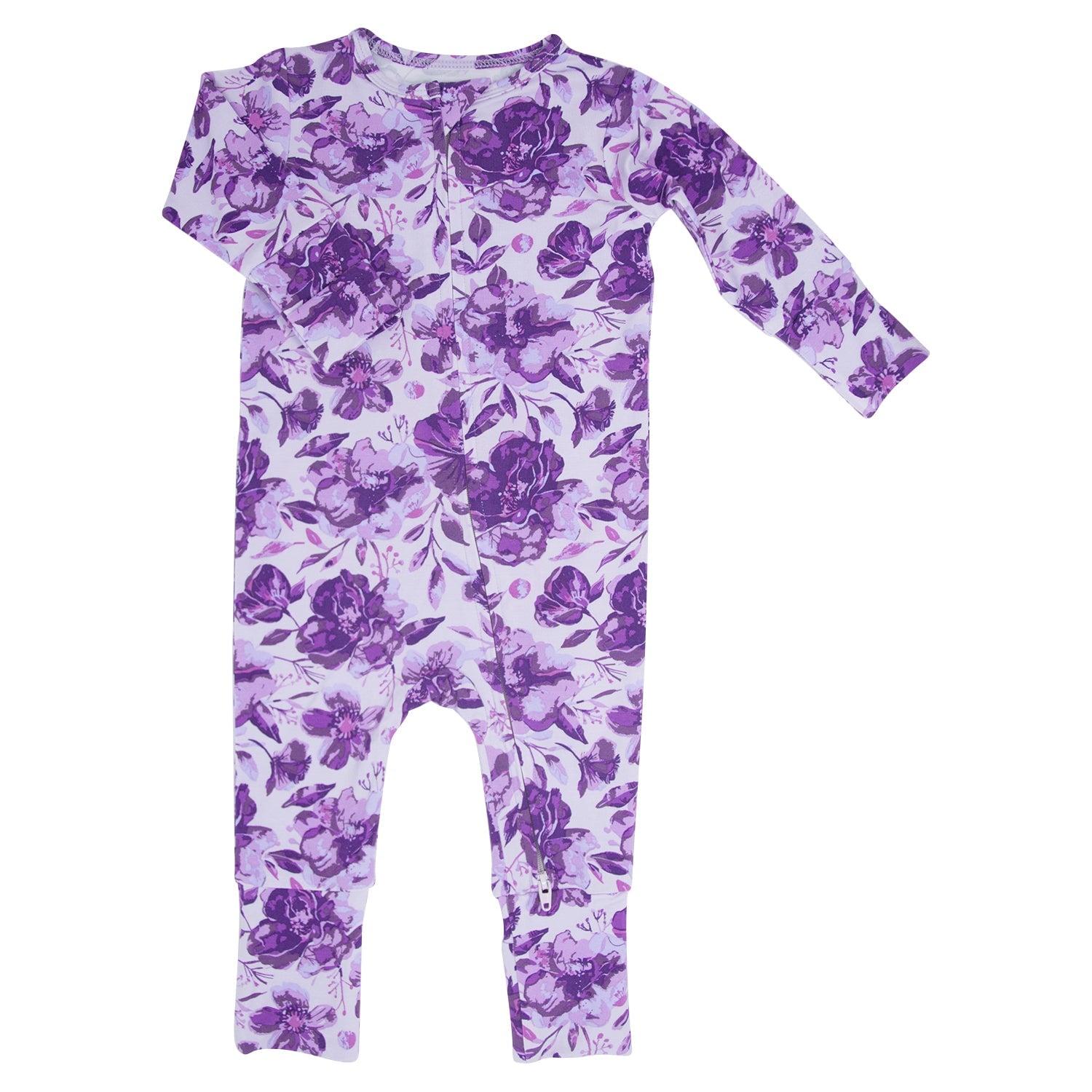 Girl's long-sleeve convertible romper with crew neck and purple floral print