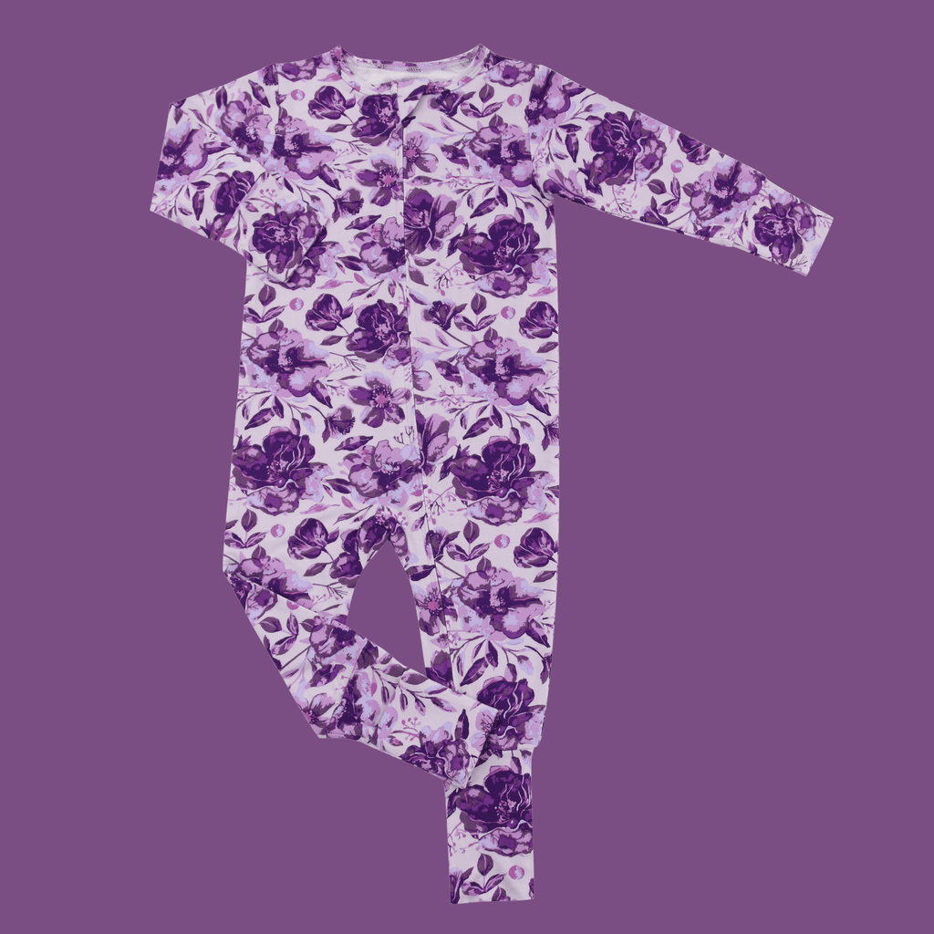 Girl's long-sleeve convertible romper in purple floral print