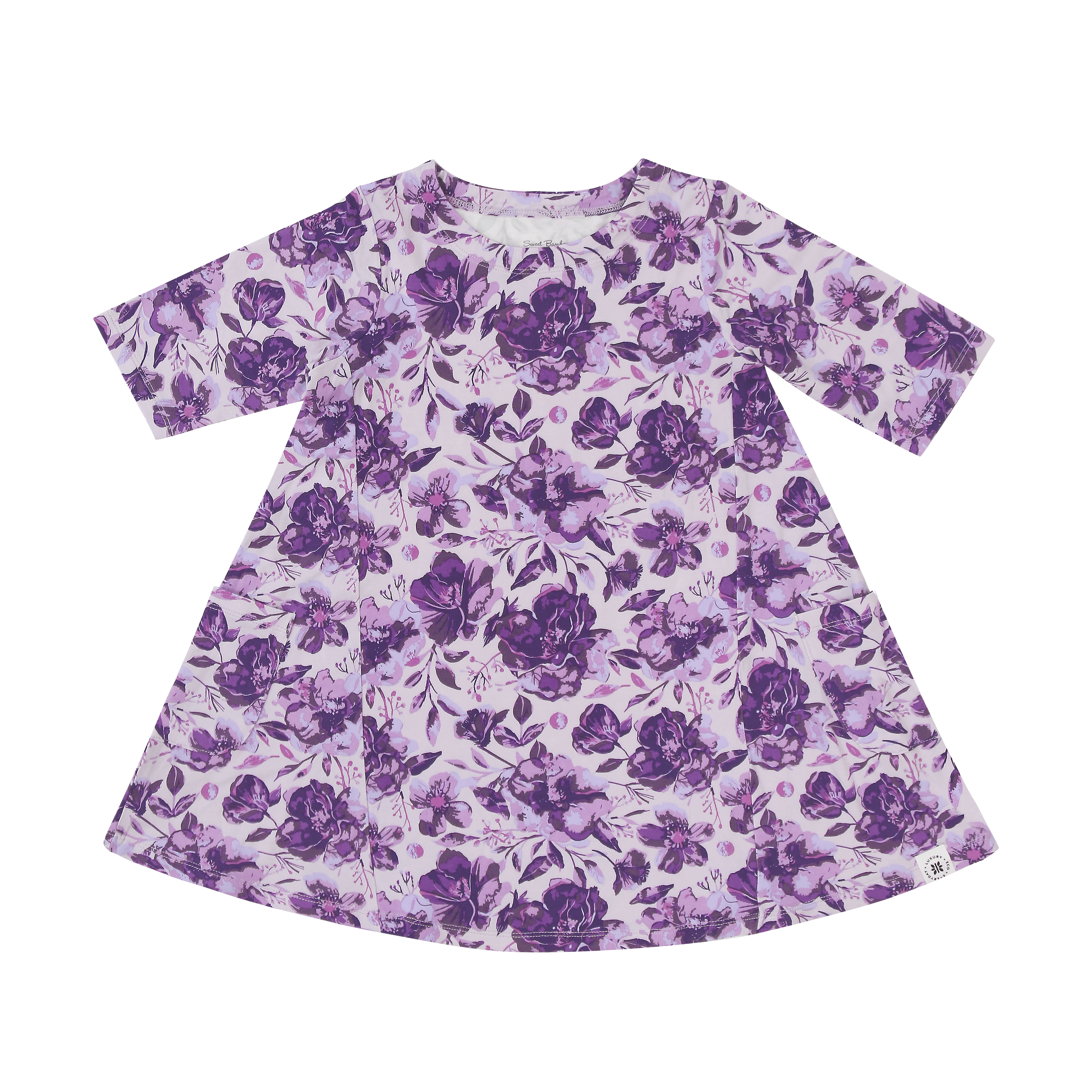 Girls' purple floral tunic with short puff sleeves