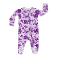 Purple floral footie with covered feet and front opening