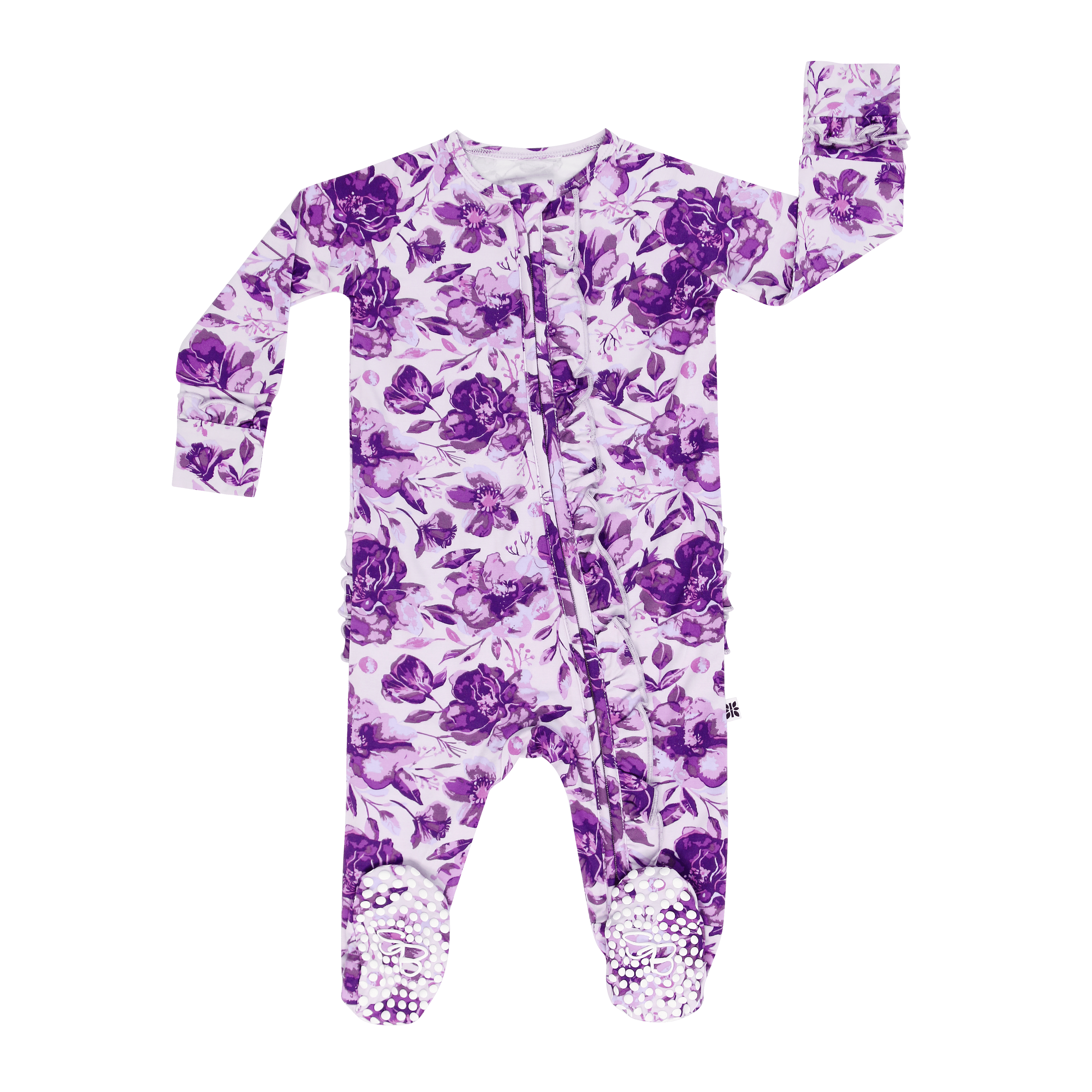 Purple floral footie with covered feet and front opening