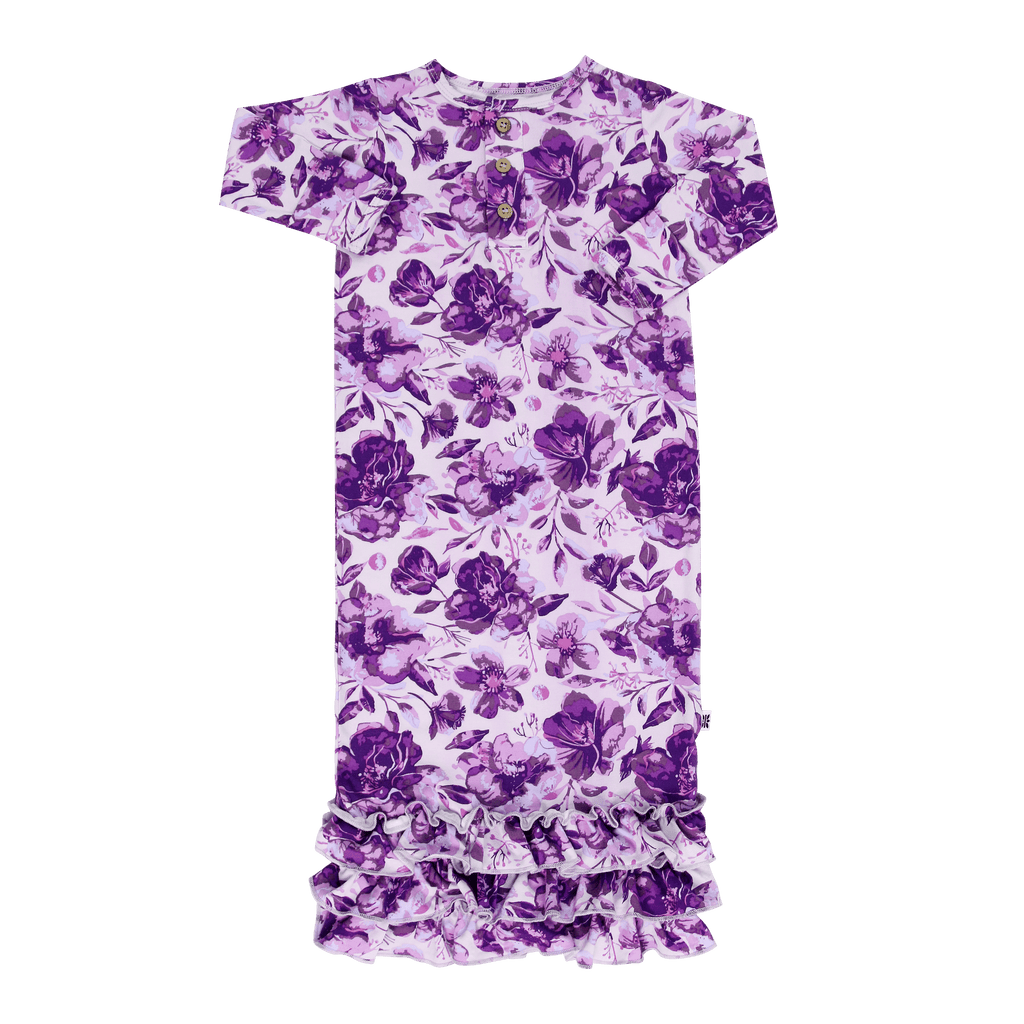 Ruffle gown with purple floral print, short sleeves, button placket, gathered hem