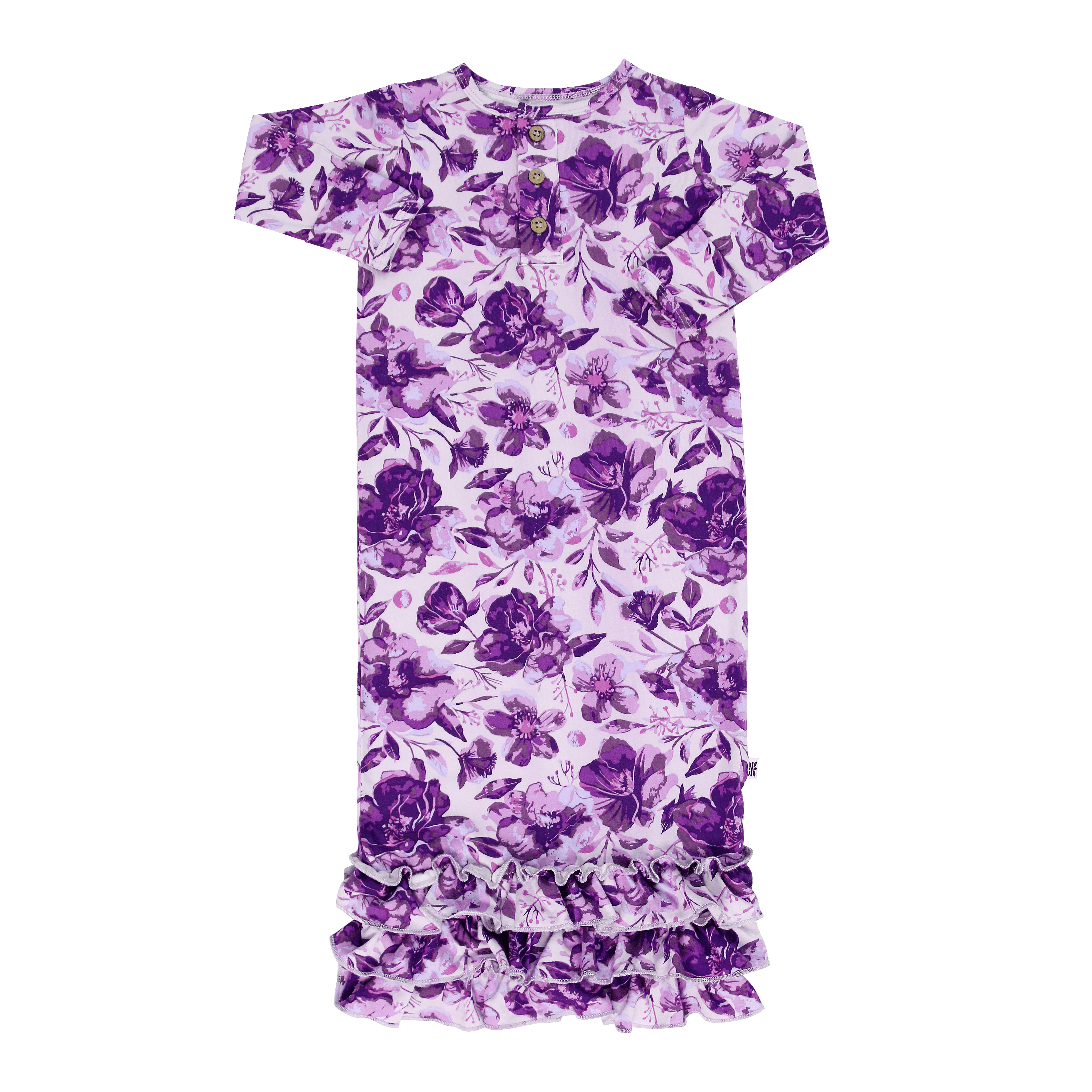 Ruffle gown with purple floral print, short sleeves, button placket, gathered hem