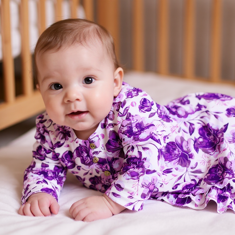 Girls ruffle gown with purple floral print, button front, long sleeves