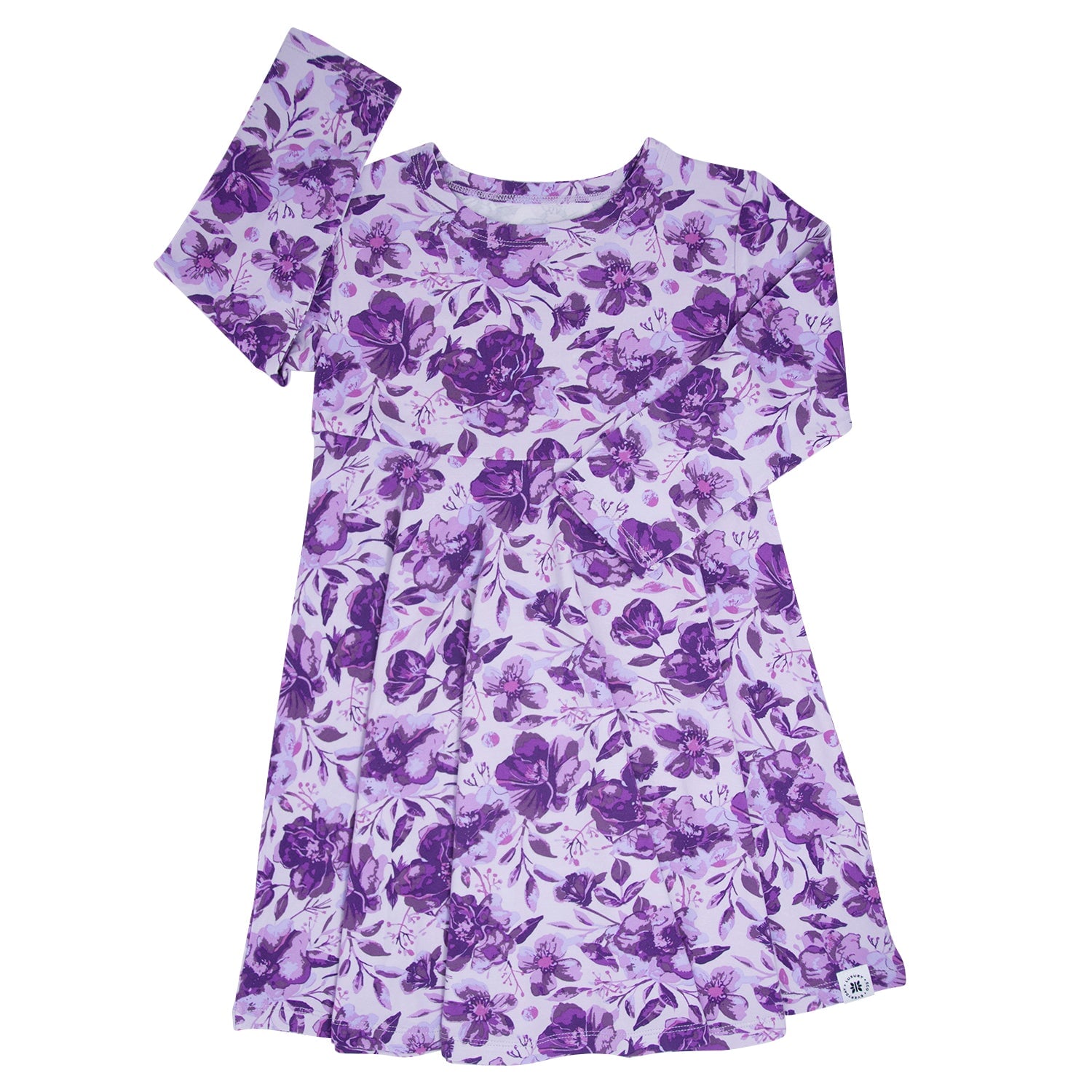 Purple floral long-sleeve girls dress with gathered skirt and round neckline, front view