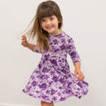 Girls purple floral long-sleeve dress with gathered skirt and round neckline