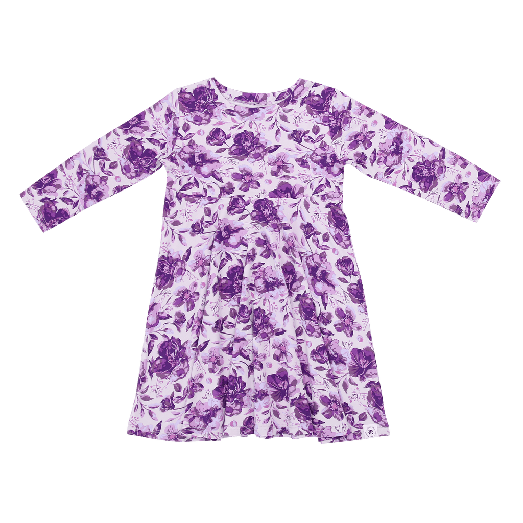 Purple floral long-sleeve girls dress, gathered skirt, round neckline, flat lay