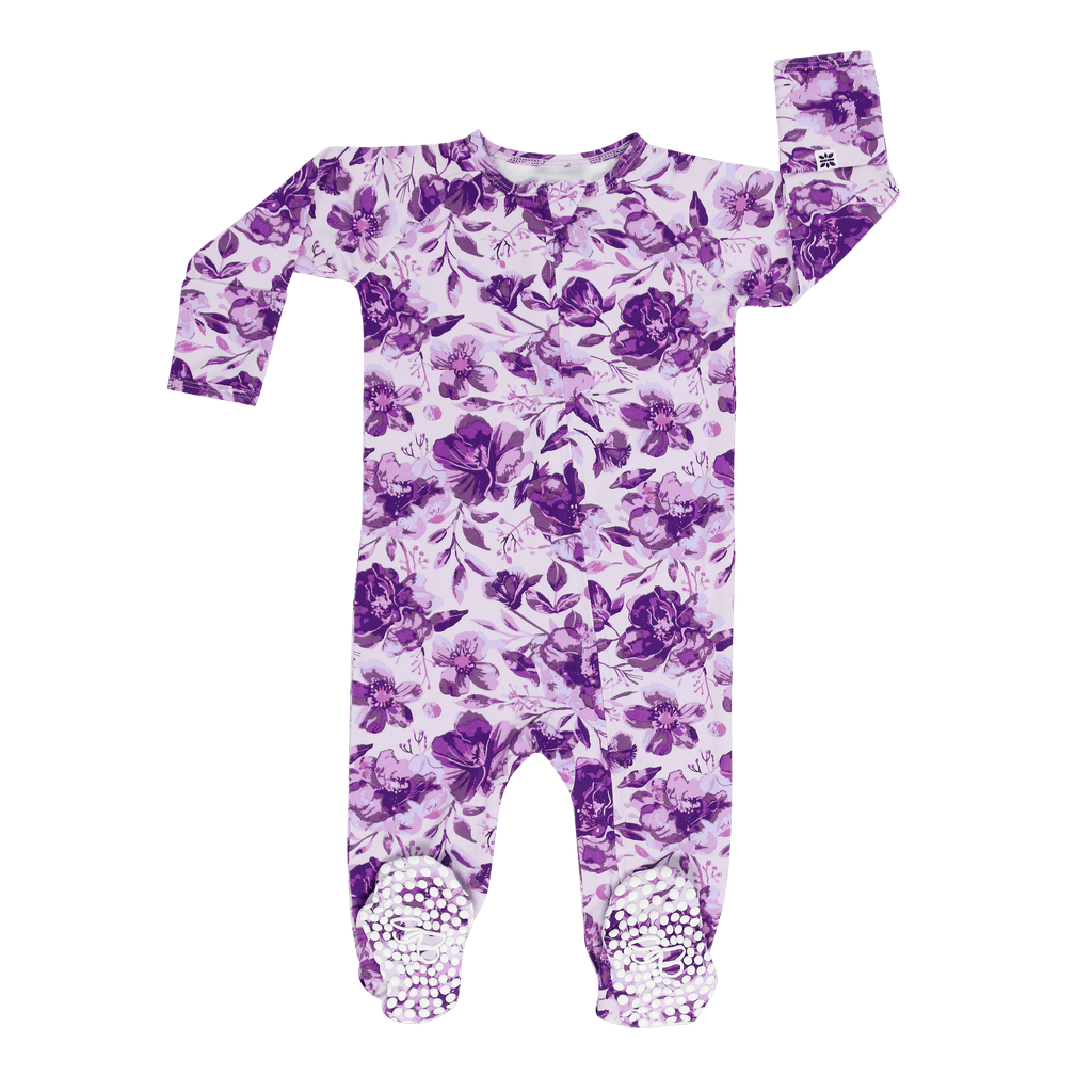 Purple floral zipper footie pajama, long sleeves and footed legs, zip-front closure.