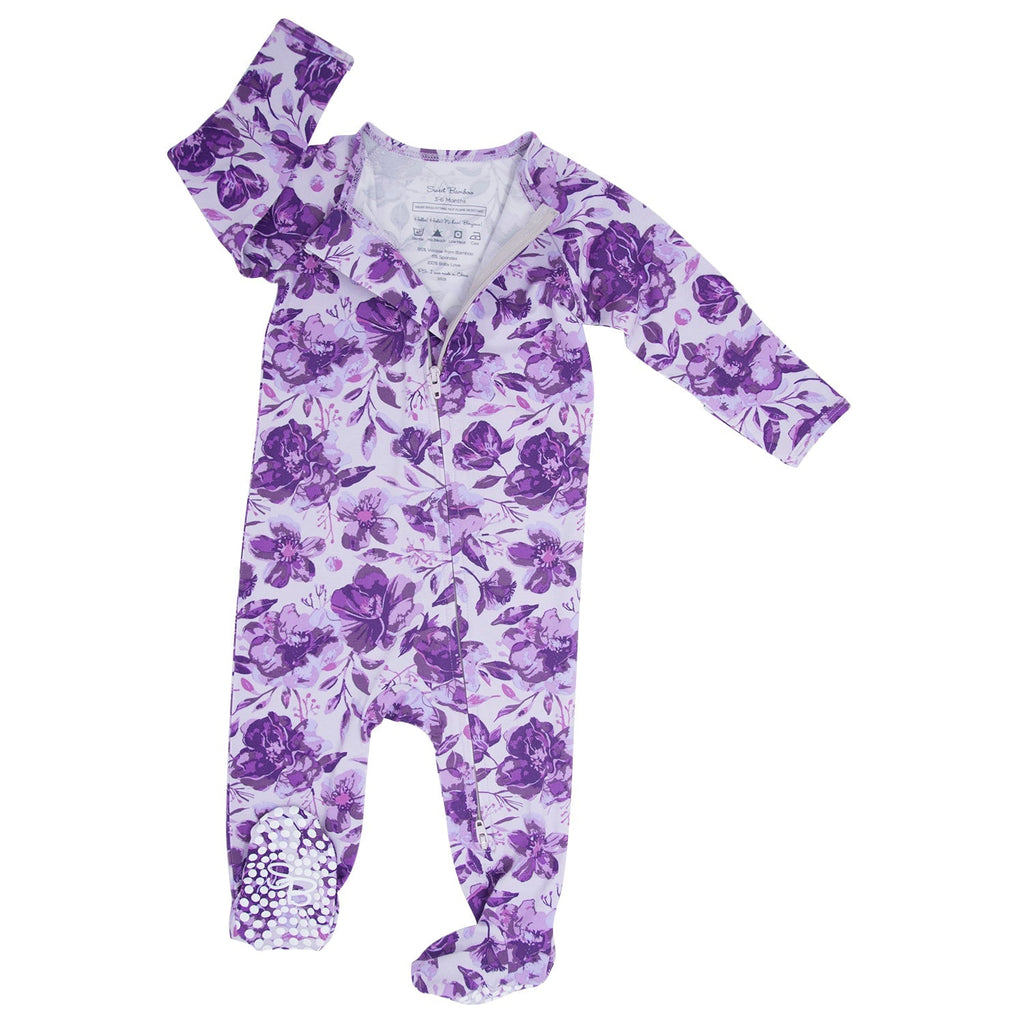 Purple floral zipper footie pajama, long-sleeve one-piece with footed legs and zip front.
