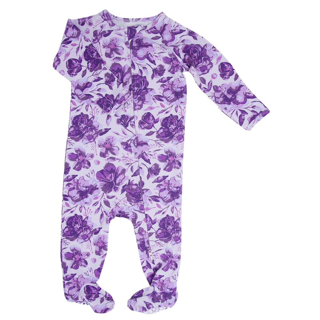 Purple floral zipper footie pajama with long sleeves and footed legs, zip front.