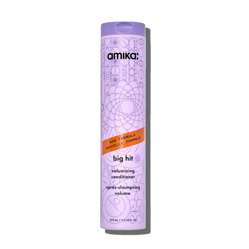 Amika Big Hit volumizing conditioner bottle, purple with cap and logo label