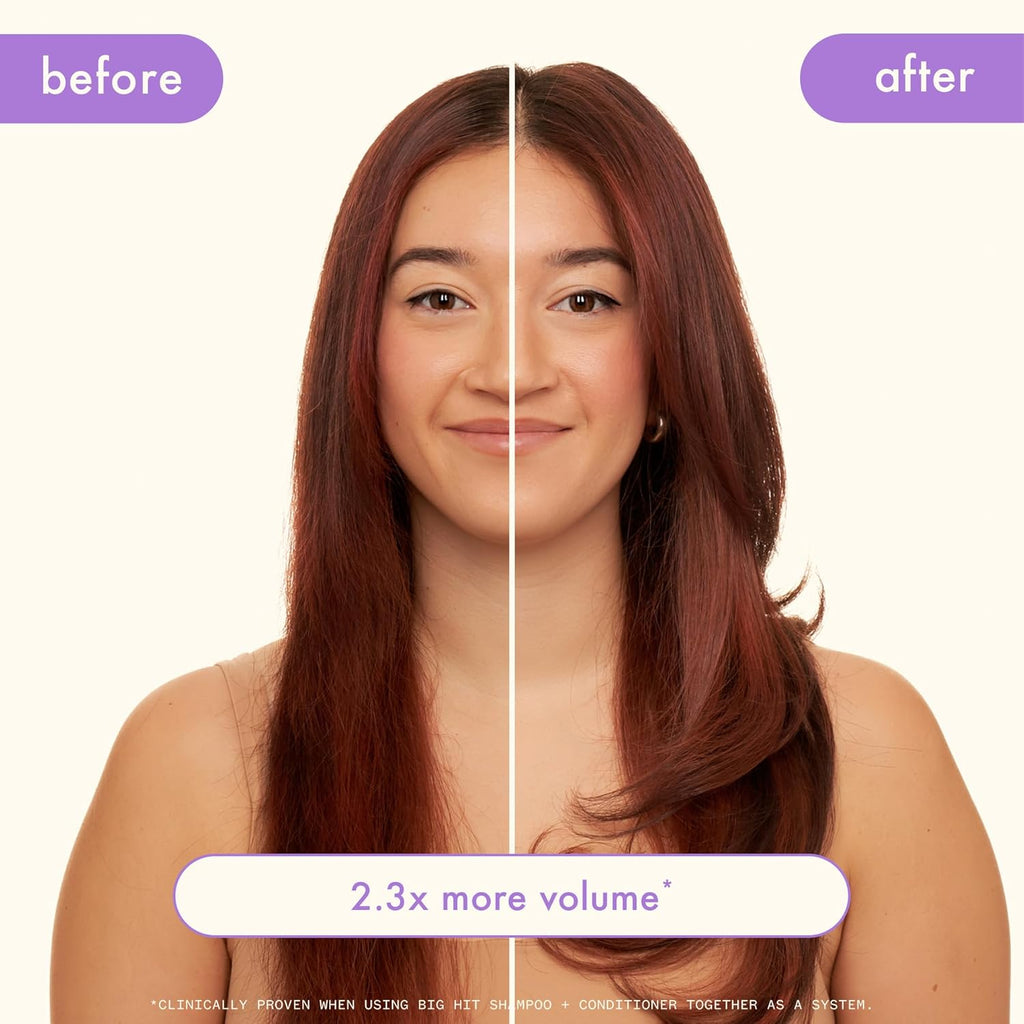 Woman split portrait, before and after hair showing fuller volume on right side