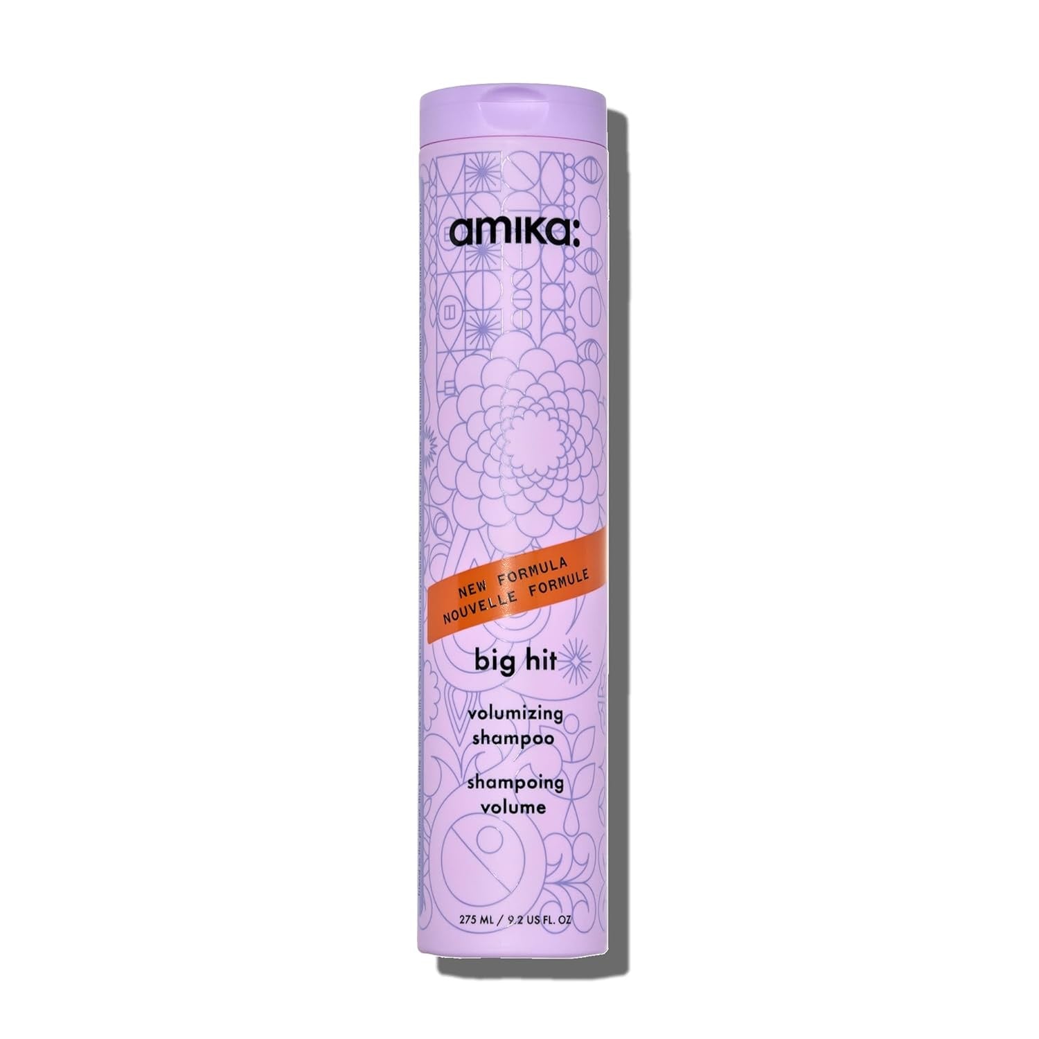 Amika Big Hit volumizing shampoo bottle, tall lavender container with patterned graphics.