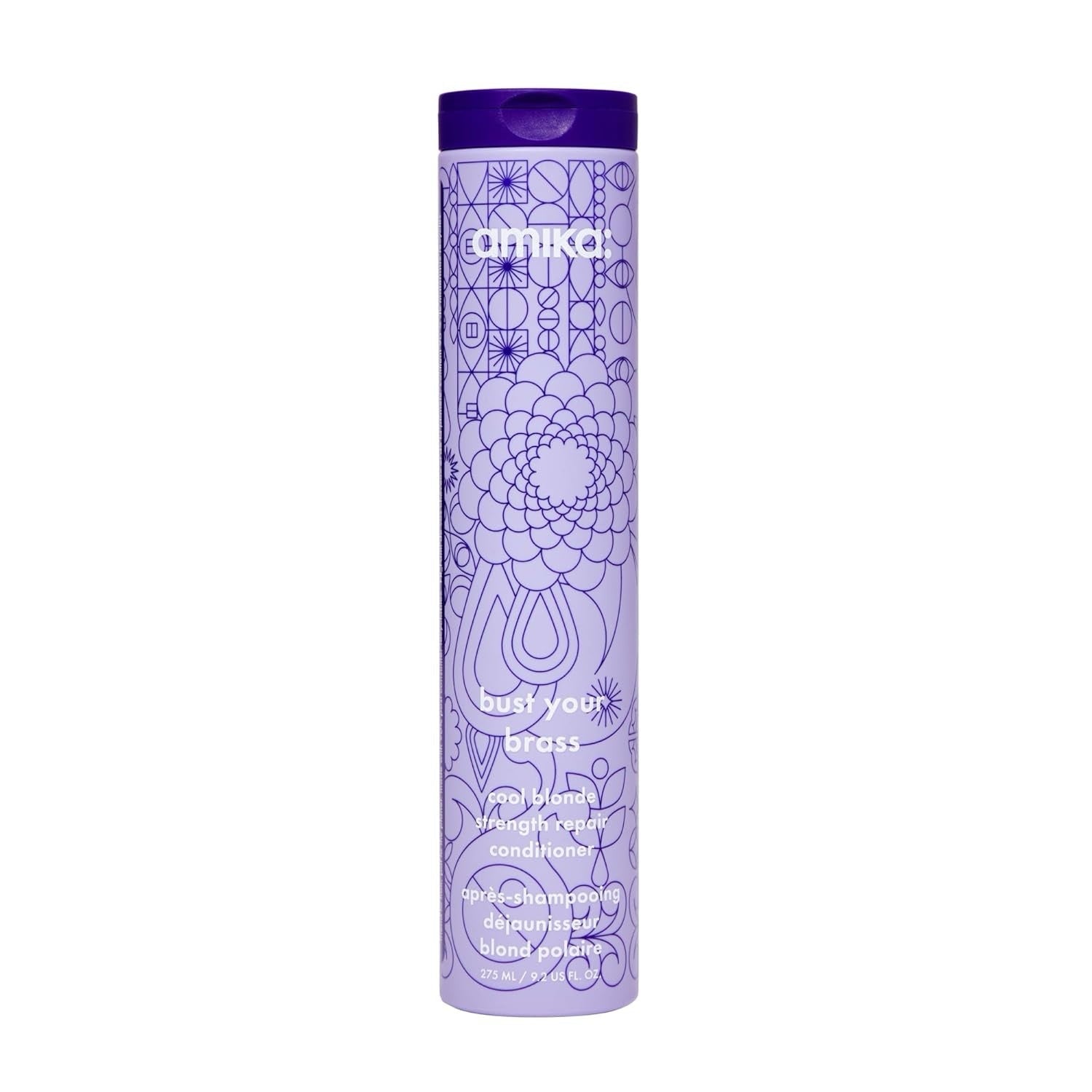 Purple hair conditioner bottle with Amika logo and decorative pattern, cap on top