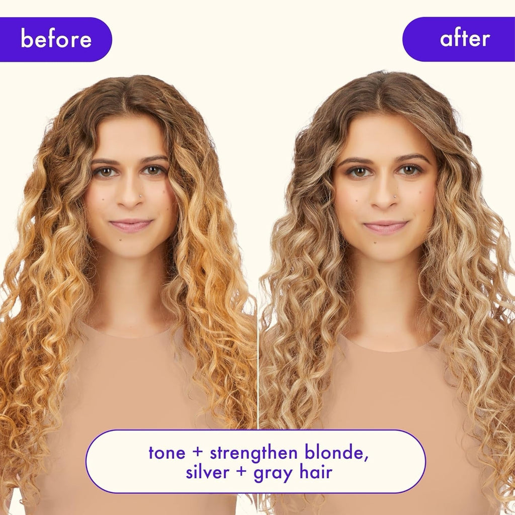 Wavy blonde hair portraits, left before and right after smoothing and shine