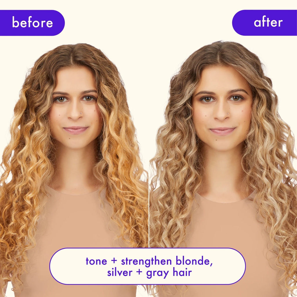 Blonde and silver-gray hair shown with a smoother, toned appearance after treatment