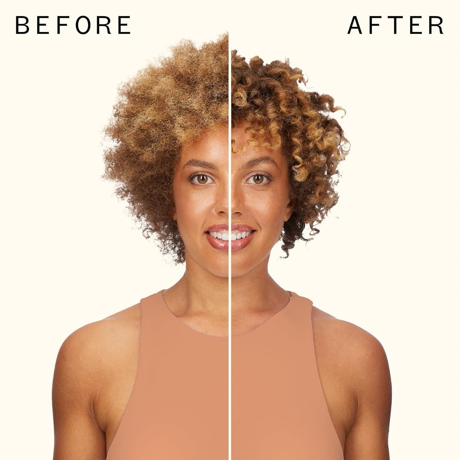 Split view of a woman with curly hair: before left, after right