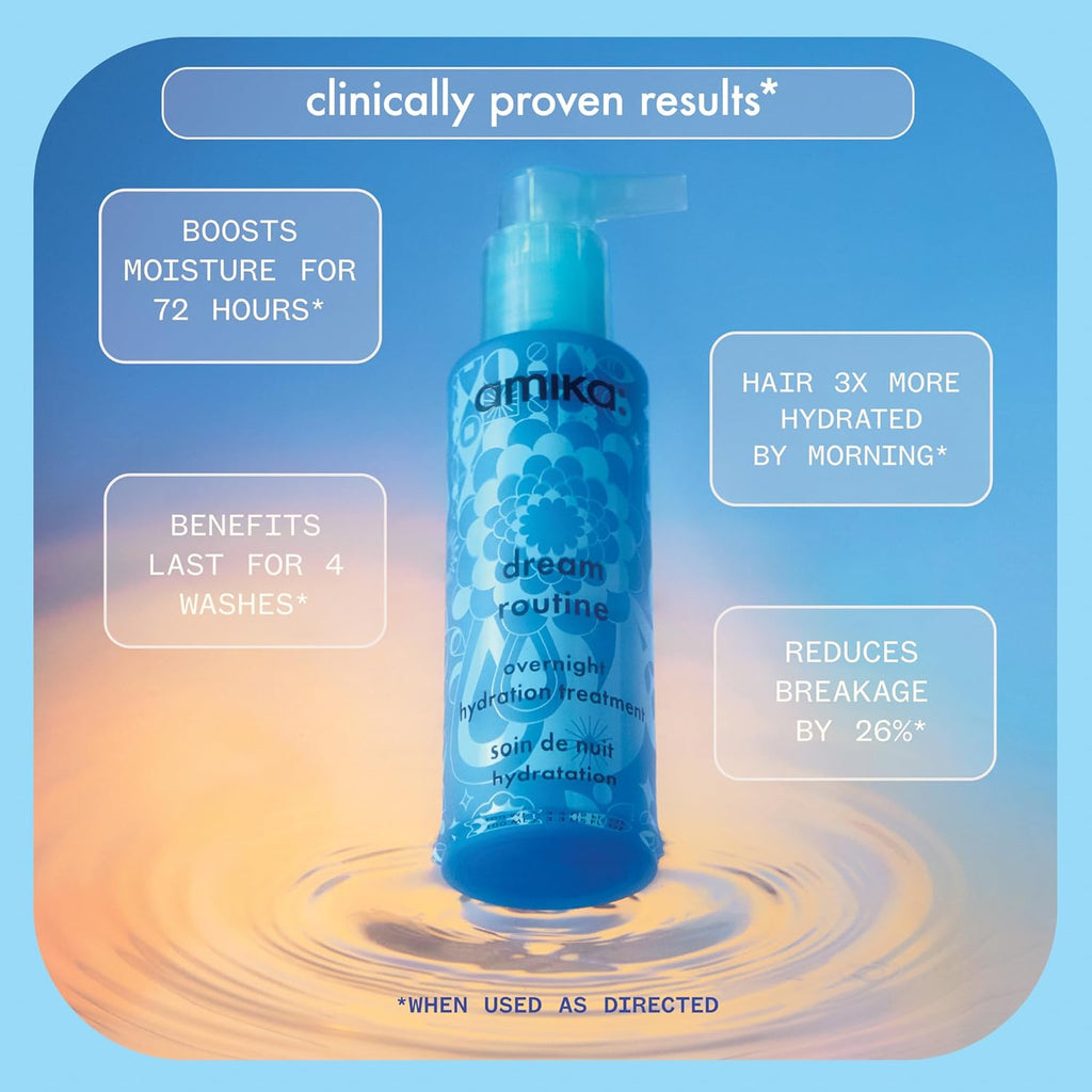 Amika Dream Routine overnight hydration hair mask bottle, blue pump and label text