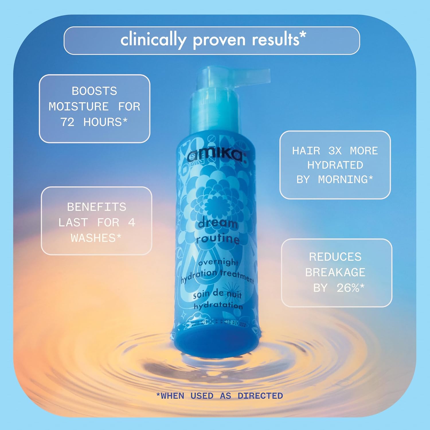 Amika Dream Routine overnight hydration hair mask bottle, blue pump and label text