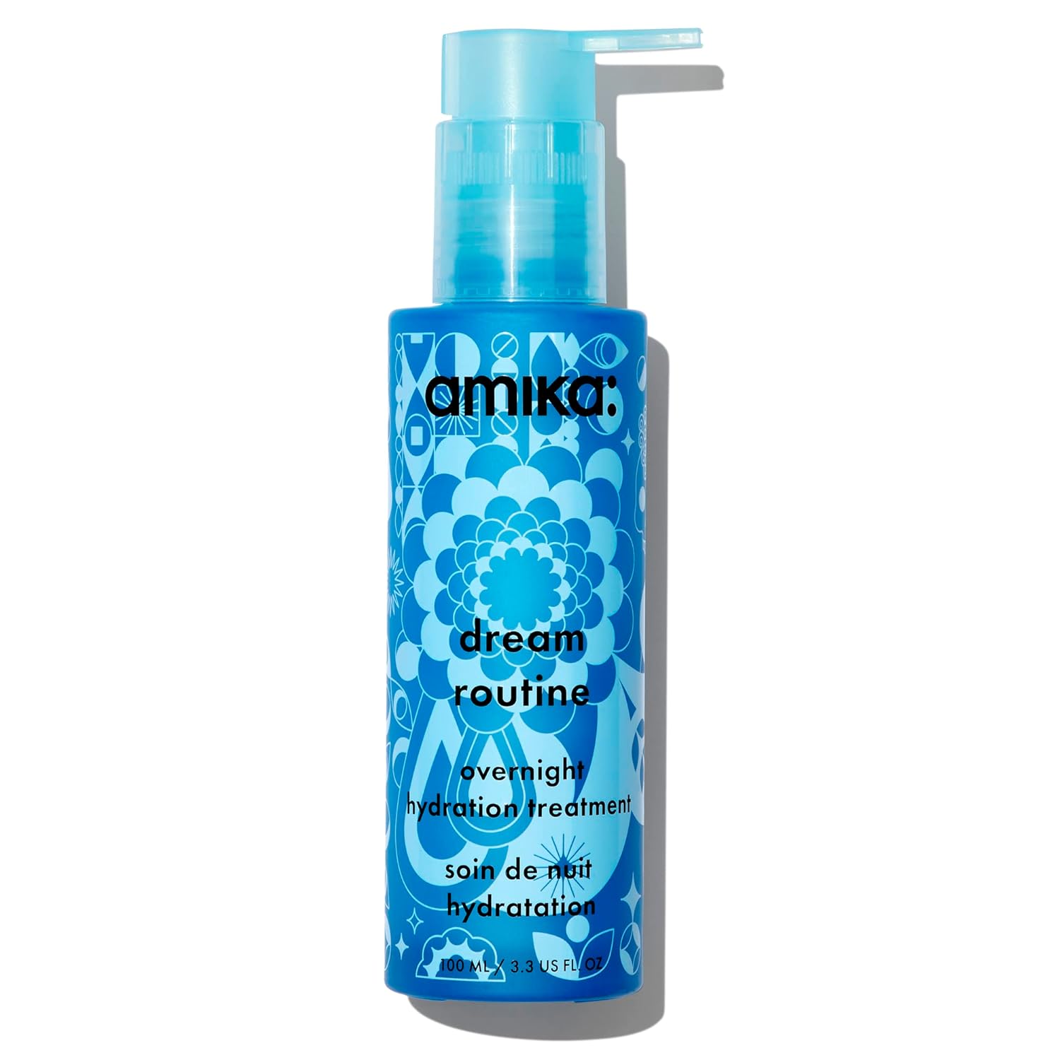 Amika Dream Routine overnight hydrating hair mask bottle, blue pump with label and pattern